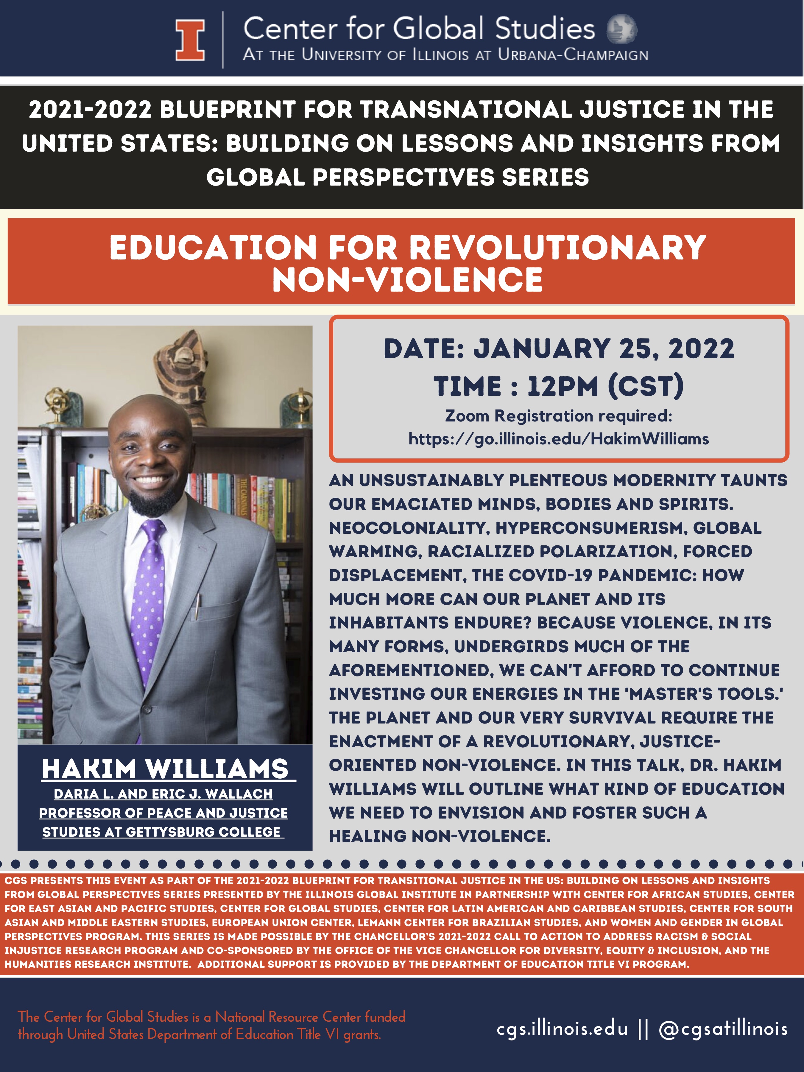 poster for Dr. Hakim Williams talk, Education for Revolutionary Non-violence
