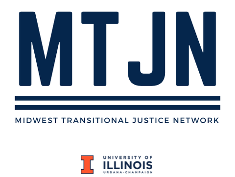MTJN in Illinois blue, two blue lines, with Midwest Transitional Justice Network below and the Illinois logo beneath it all.