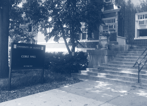 decrative photo showing Coble Hall sign in front of building