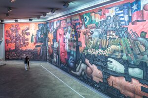 Integración de América Latina Integration of Latin America - mural painted by Mexican artist Jorge González Camarena in 1965. The 300-square-meter mural is located in the lobby of the Casa del Arte of the University of Concepción, in Concepción, Chile. Its principal theme is the unity and brotherhood of the different Latin American cultures.