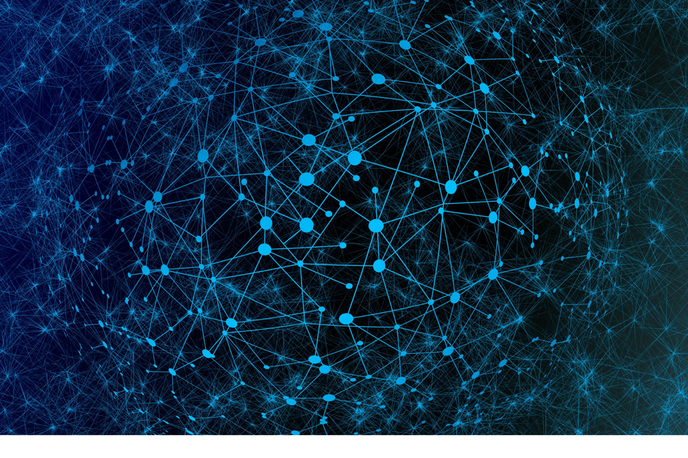 Digital network strands connecting in different places in blue and green